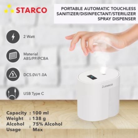 Starco Touchless Automatic Hand Sanitizer Spray / Sterilizer / Disinfectant Dispenser 100ml
