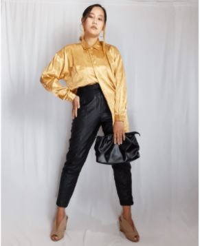 Kiana Shirt - Kemeja Satin Silk Premium Mustard Hijab Friendly - Thrift Shop