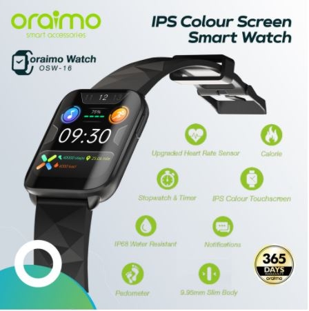 Oraimo Smart Watch Jam Tangan Pintar IPS Full Touch Screen Ultra Slim OSW-16 Black