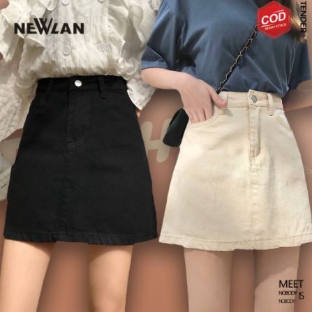 Newlan Dq002 Rok Denim Skirt Pinggang Tinggi Gaya Korea Jeans Pendek A-Line