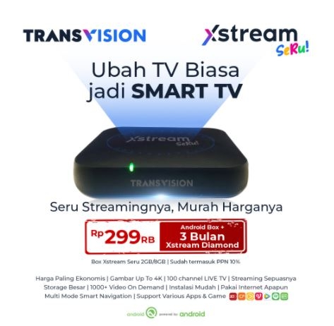 TRANSVISION XSTREAM SERU Android TV Box + BONUS Paket Diamond Full 3 Bulan