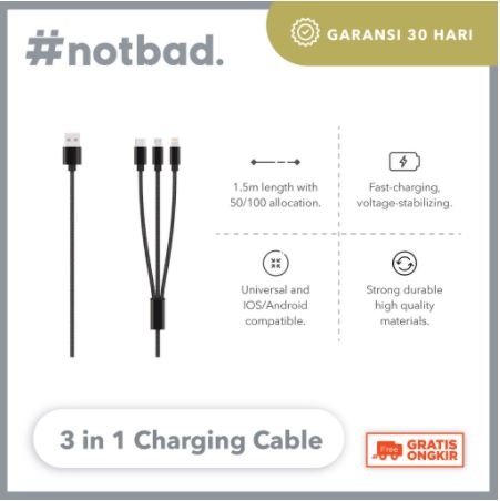 Notbad Kabel USB Charger 3 in 1 Iphone Android Type C