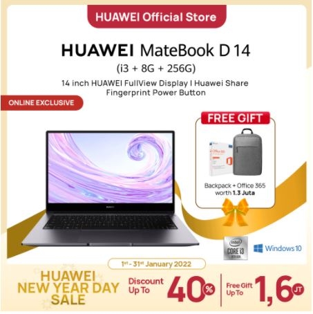HUAWEI MateBook D14 i3 Laptop [Intel i3/8GB/256GB] | Free Backpack + Office 365 | 14-Inch HUAWEI