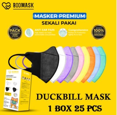 BIOMASK Masker Duckbill 1 Box isi 25 Pcs 3ply Earloop Hitam / Putih / Biru / Pink / Ungu / Kuning / Orange / Abu Import