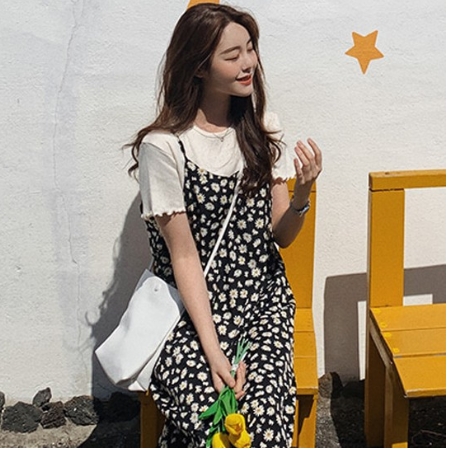 Dress Midi Daisy Korea musim panas di atas lutut gaun sedikit daisy leher-V wanita