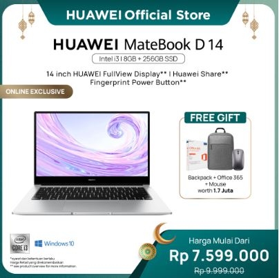 Huawei MateBook D 14 laptop | [Intel i3/i5] [8GB+256GB/512GB SSD] 14-inch Fullview Display