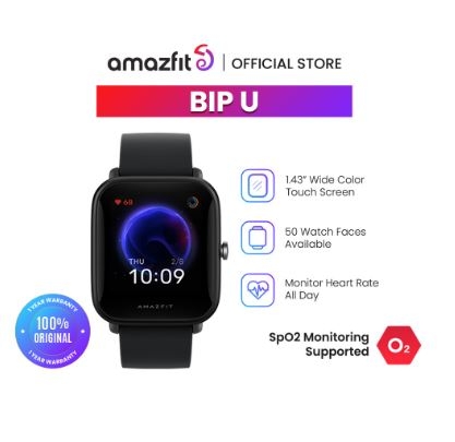 Amazfit Bip U smartwatch 1.43" Big Color Touch Screen SpO2 Monitor 5 ATM waterproof jam tangan 60+ sports mode 50 watch faces