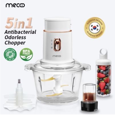 Mecoo Most Aesthetic 5 in 1 Antibacterial Odorless Chopper 250 Low Watt BPA Free / Blender Daging/ Baby Food Processor