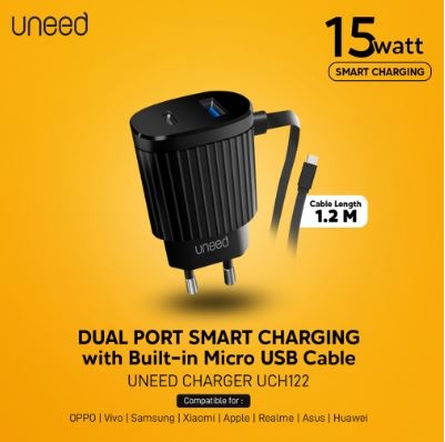 UNEED Smart Charger Triple Output 15w with Micro USB Cable - UCH122
