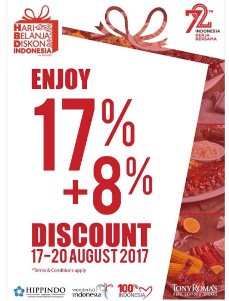  Diskon 17% + 8% dari Tony Roma's Agustus 2017