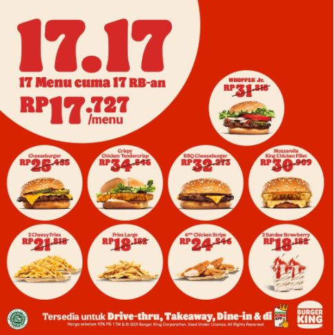  17 Menu Hanya Rp 17.000 di Burger King Agustus 2021