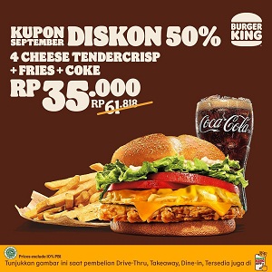  Kupon September Diskon 50% 4 Cheese Tendercrisp di Burger King Agustus 2021