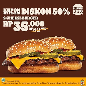  Kupon September Diskon 50% 2 Cheeseburger di Burger King Agustus 2021