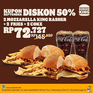  September Coupon 50% Off 2 Mozzarella King Rasher at Burger King September 2021