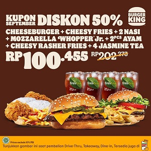 September Coupon 50% Discount Cheeseburger + Cheesy Fries at Burger King September 2021