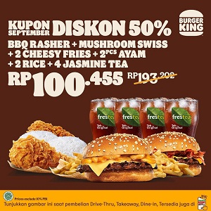  Kupon September Diskon 50% BBQ Rasher + Mushroom Swiss di Burger King September 2021