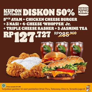  Kupon September Diskon 50% 5 Pcs Ayam + Chicken Cheese Burger di Burger King September 2021