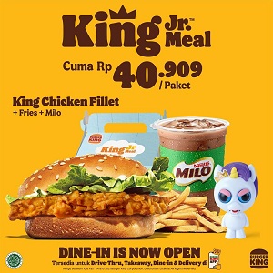  King Jr. Promotion. Meal King Chicken Fillet + Fries + Milo Only Rp 40,909 at Burger King September 2021