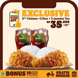  Promo Exclusive 2 Chicken + 2 Rice + 2 Jasmine Tea di Burger King October 2021
