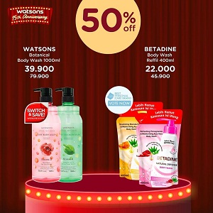  Promo 50% Off Watsons Botanical Body Wash & Betadine Body Wash Reffil at Watsons October 2021