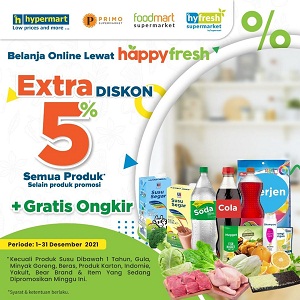  Happyfresh Extra Online Shopping 5% Discount + Free Shipping at Hypermart December 2021